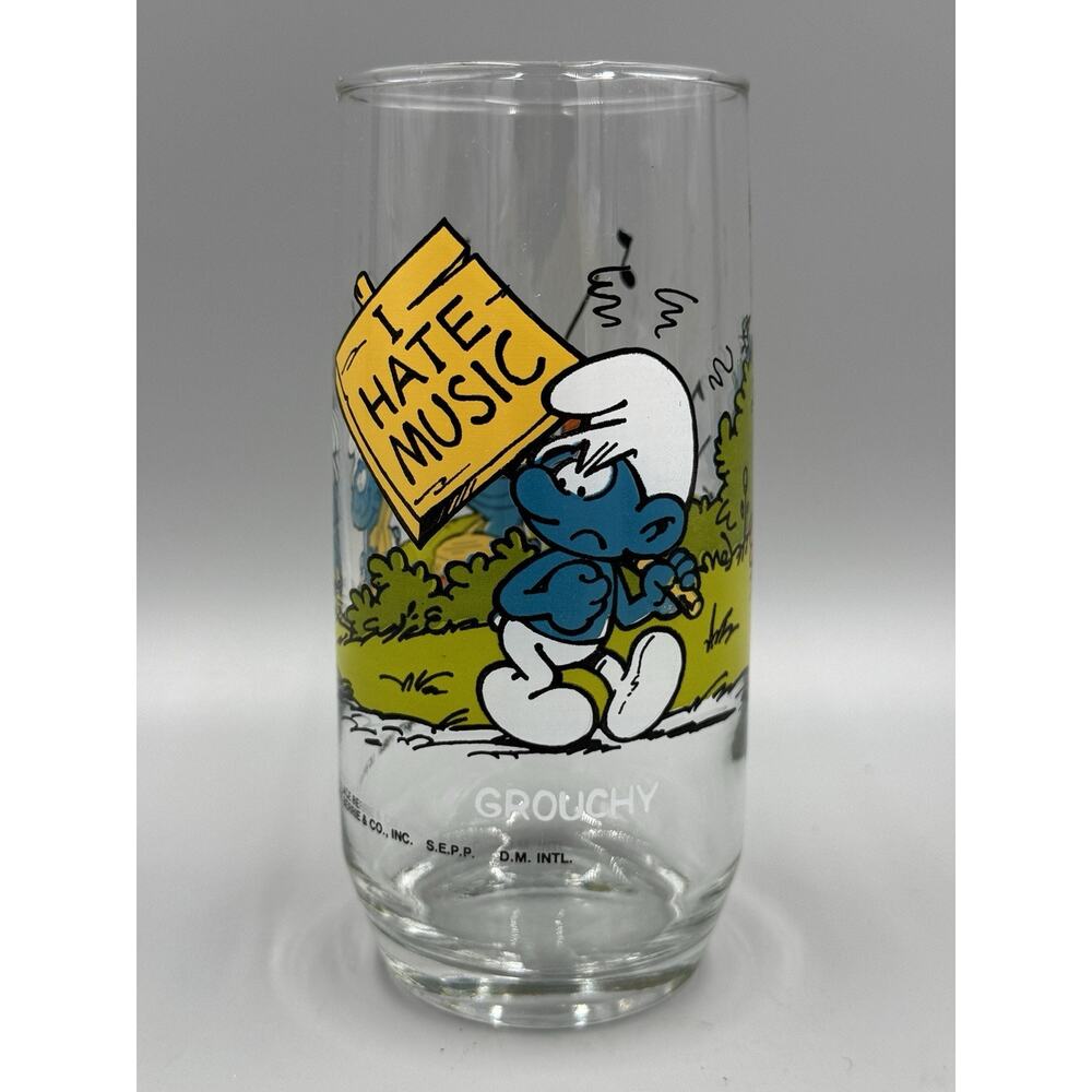 Vintage 1982 Smurfs Glass Grouchy Smurf Peyo Wallace Berrie Co